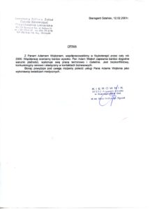 Referencje dla masażysty Adama Wojtonia wystawione przez SPZOZ Przychonia Lekarska w Starogardzie Gd.